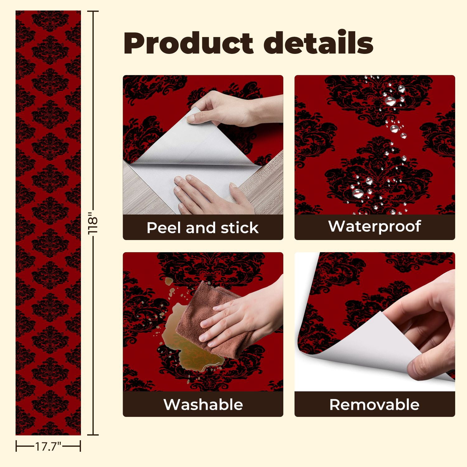 Vintage Peel and Stick Wallpaper Black Red Floral Damask Vintage Elegance baroque Wall Mural 17.7in x 9.8ft Self Adhesive Removable Wall Paper Renter Friendly Wallpaper for Bedroom Livingroom Office