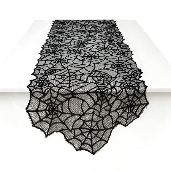 CHICAURA Lace Overlay Gothic Halloween Polyester Lace Spider Web Table Runner, 1 Pack, Black