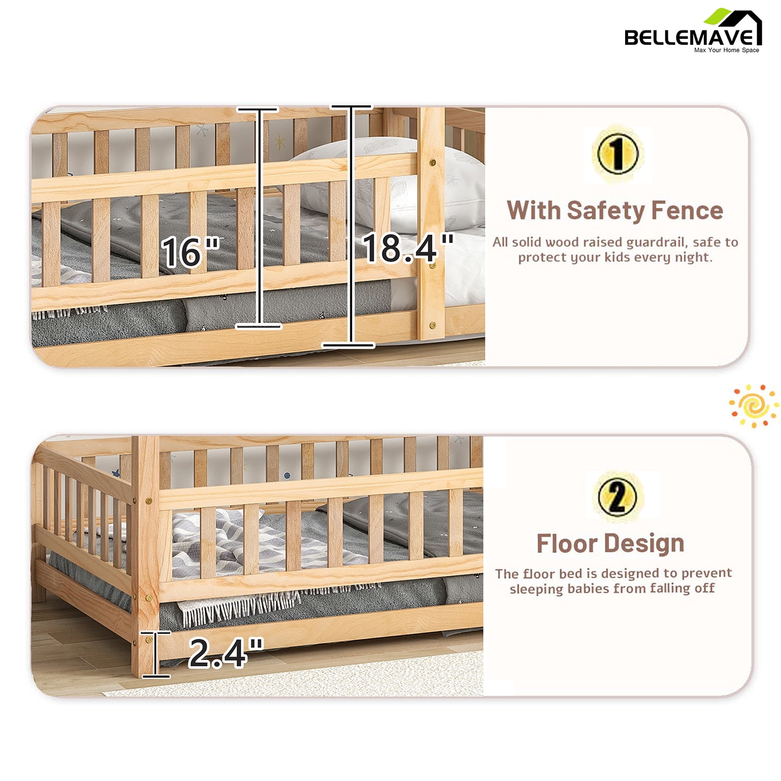 Bellemave Full Floor Bed, Wood Full Size House Bed Frame with Fence, Montessori Floor Bed for Bedroom（Natural)