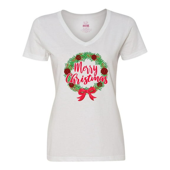 Inktastic Merry Christmas Wreath with Red Bow and Ornaments Women's V-Neck T-Shirt
