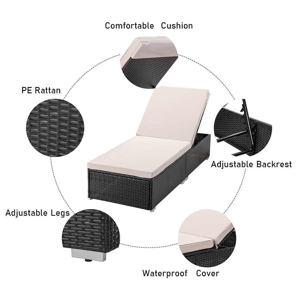 Patio Wicker Lounge Chair, YOFE 3 PCS Patio Chaise Lounge Set with Beige Cushions/Coffee Table, Outdoor Rattan Adjustable Reclining Backrest Lounger Chair, Reclining Chairs for Patio Beach Pool, R1708 - image 5 of 7