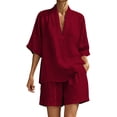 thumbnail image 2 of Mifsaly Two Piece Vacation Sets for Women V Neck Short Sleeve Tunic Top and Relaxed Fit Shorts with Pockets Lightweight Loose Casual Summer Linen Matching Outfits Red,S, 2 of 8