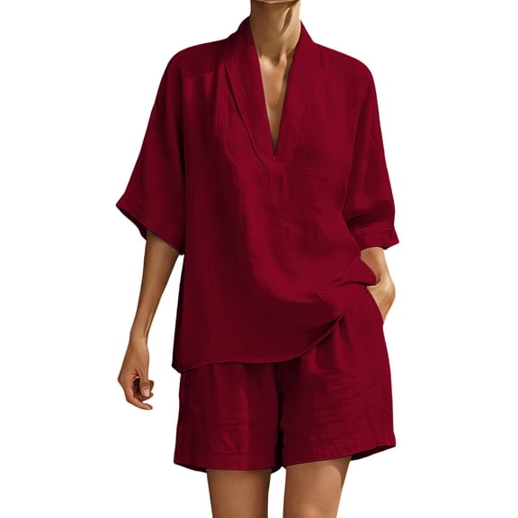 AHTJRT Short Sets for Women Summer Comfy Casual Cotton Linen Sets Stretch V Neck 3/4 Sleeve Top and Lounge Shorts Travel Outfits Red L