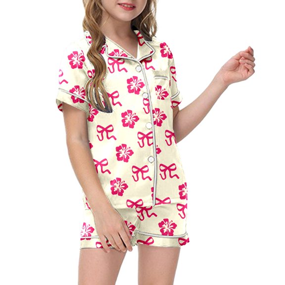 WOYY Toddler Girls Outfits Bow Flower Print Short Sleeve Button Shirt Shorts Sleepwear Set, Sizes 3-4T