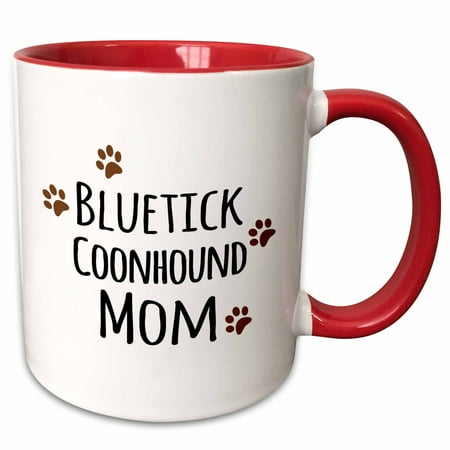 

3dRose Bluetick Coonhound Dog Mom - Doggie by breed - brown muddy paw prints - doggy lover mama - pet owner - Two Tone Red Mug 15-ounce