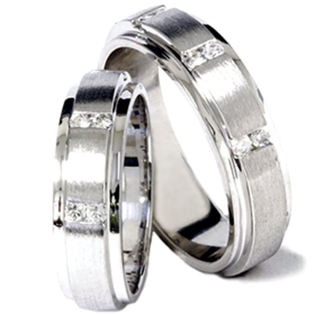 Bague de Mariage en Diamant Brossé pour Lui et Elle, Ensemble en Or Blanc