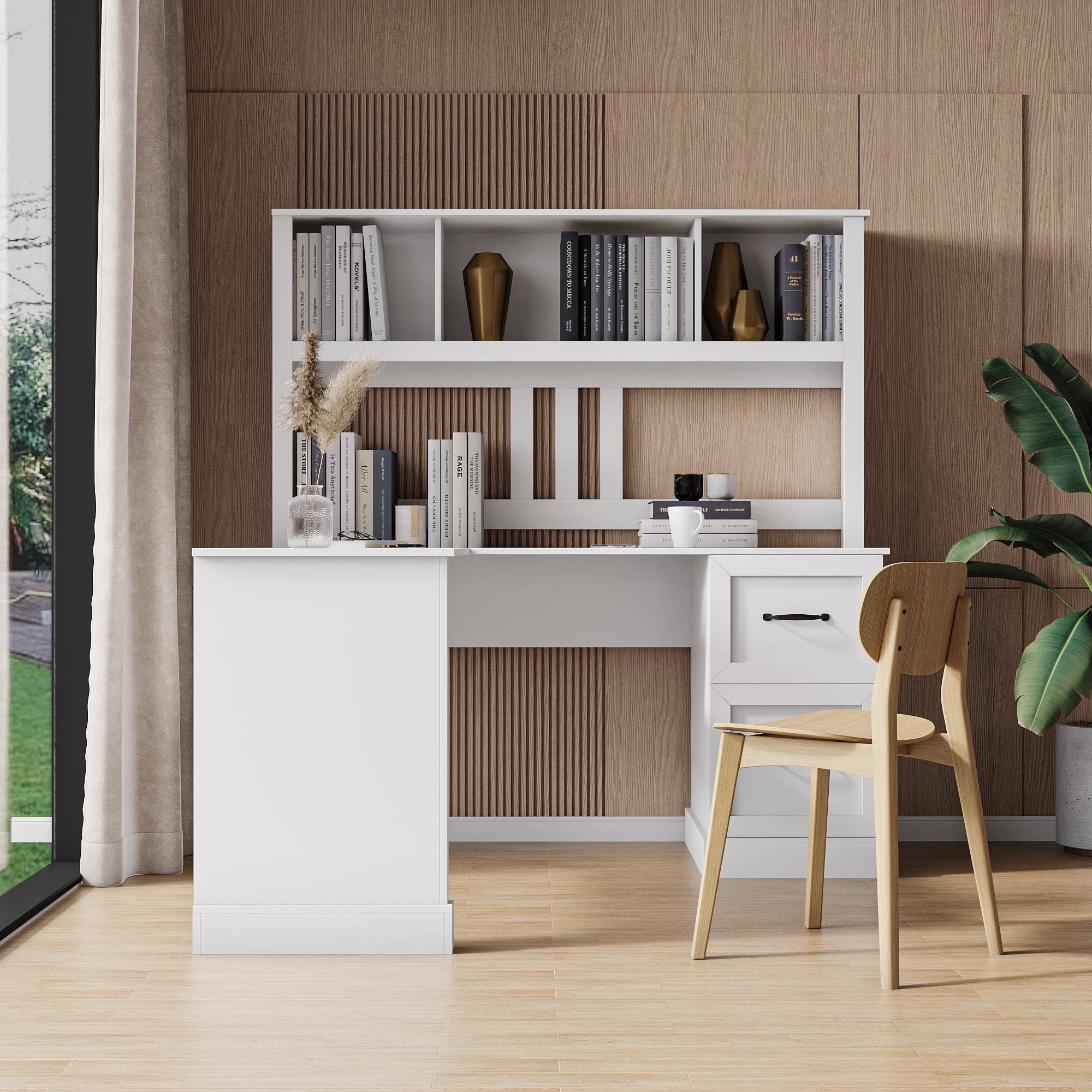 Royard Oaktree L Shaped Computer Desk with Hutch Reversible Home Office Desk w/Drawers and Bookshelf