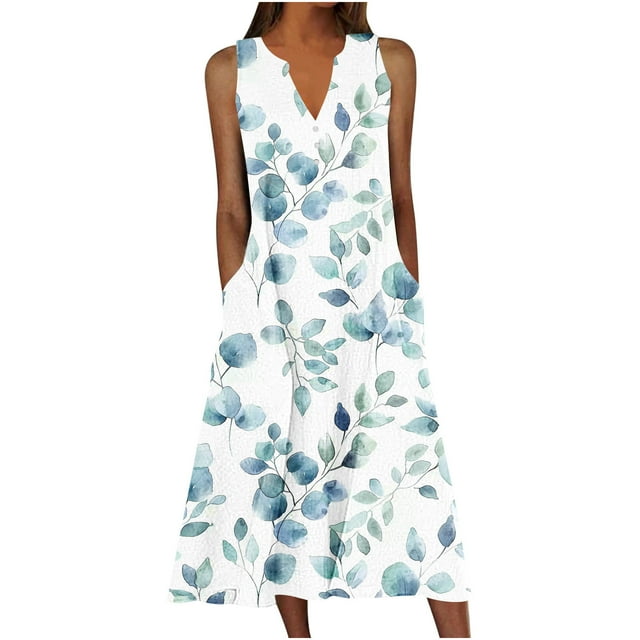 Staron Robes pour Femmes Été Liquidation à Moins de 10 $ Sans Manches Bohème Imprimé Floral Fluide Ligne A Midi Robe d'Été avec Poches Décontractée Col en V Grande Taille Ample Robes de Vacances TTTG