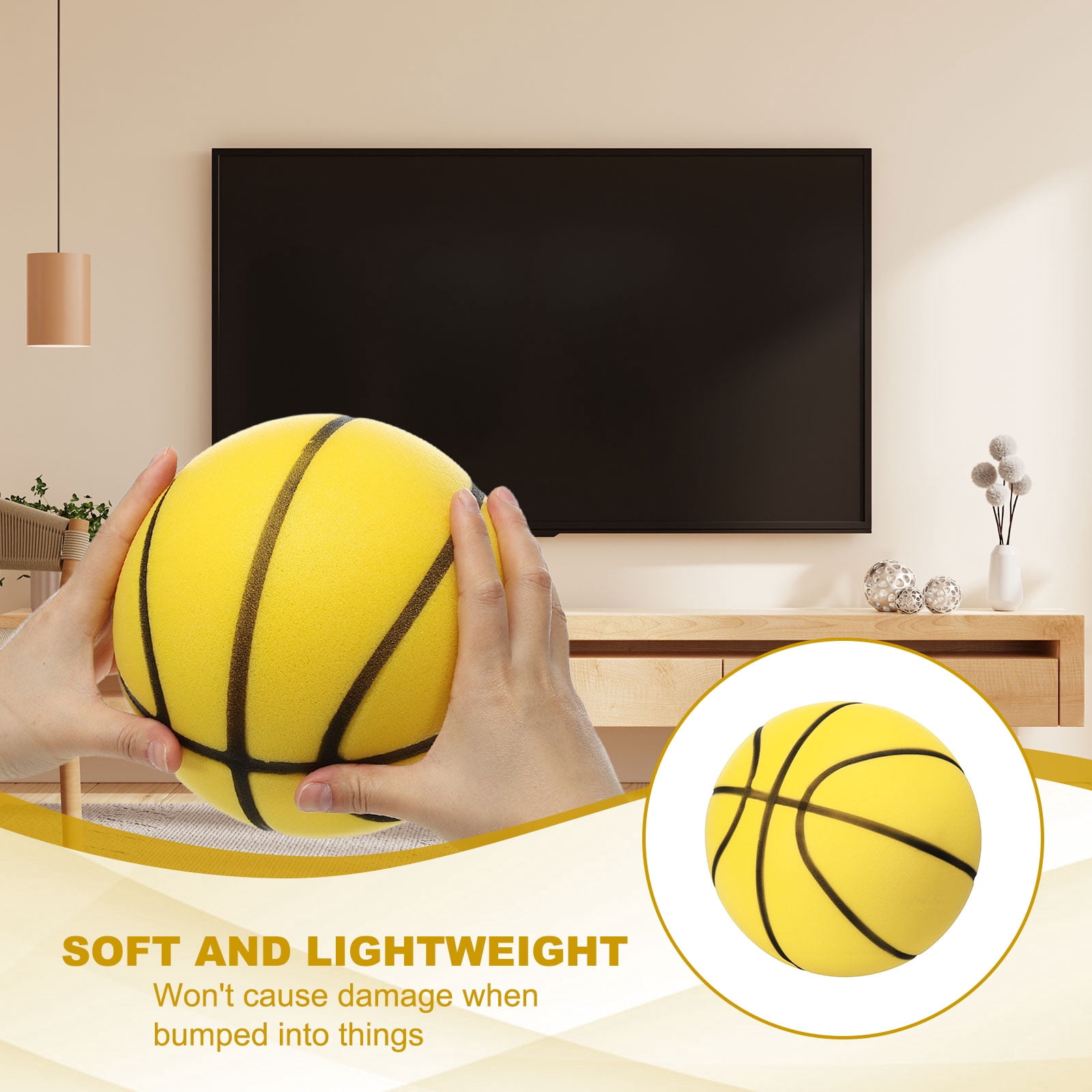 Uxcell Silent Basketball 9.5" No Noise High-Density Foam Dribbling Indoor Basketball with Net Bag forIndoor Sport Yellow