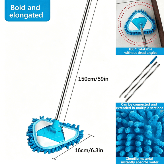 Triangular Dust Mop with 180° Rotating Head - Extendable Wet Dry Floor Mop for Hardwood Tile - Microfiber Washable Pads - Multi-Surface Cleaning Tool for Home Kitchen Bathroom | 1 Pack