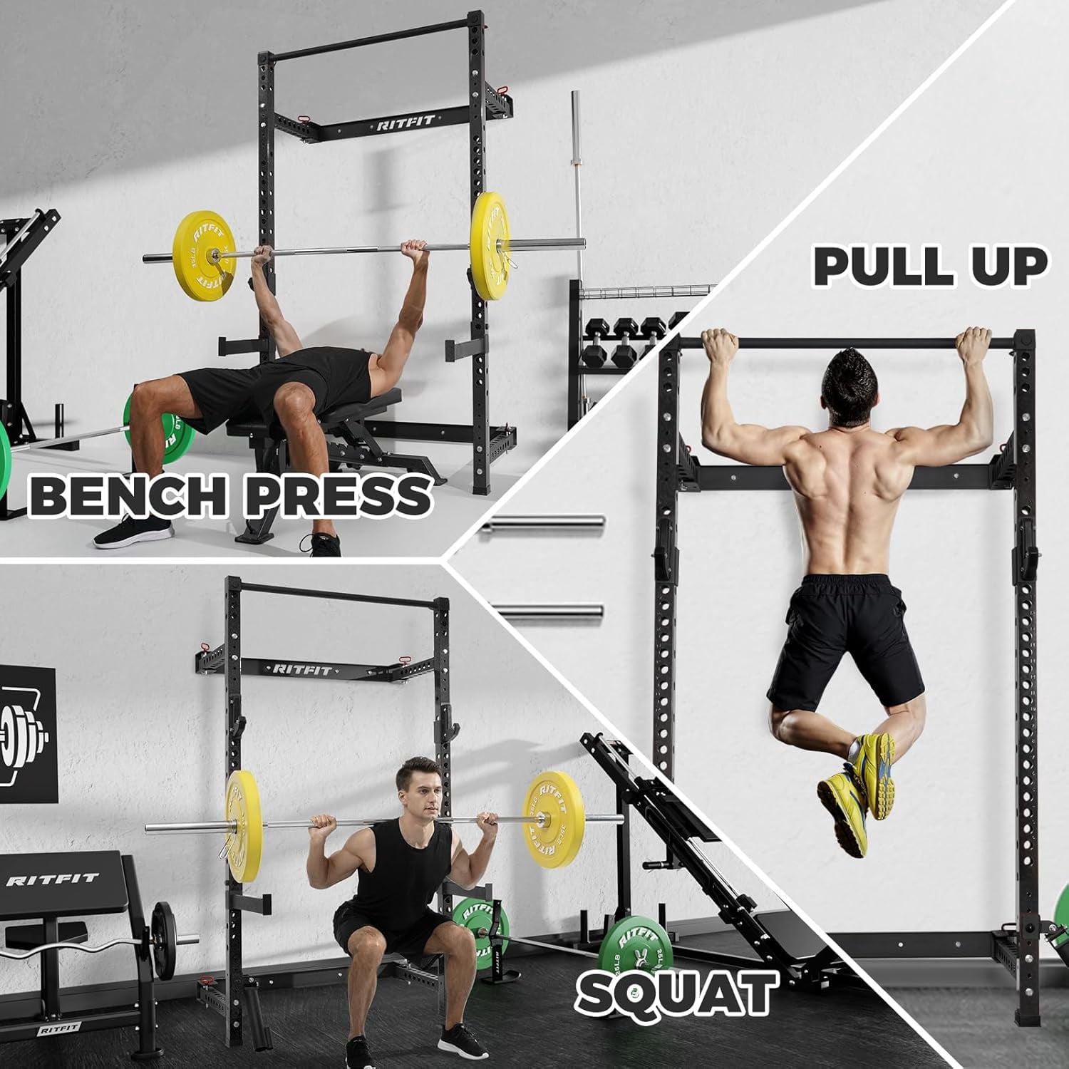 RitFit 2.36'' x 2.36'' Folding Squat Rack for Home Gym, Wall Mounted Squat Power Rack with Attachments - Space Saving, Black