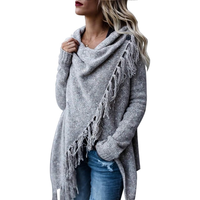 Suéter tipo poncho con flecos para mujer, cárdigan largo