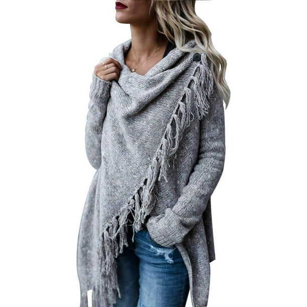 Suéter tipo poncho con flecos para mujer, cárdigan largo