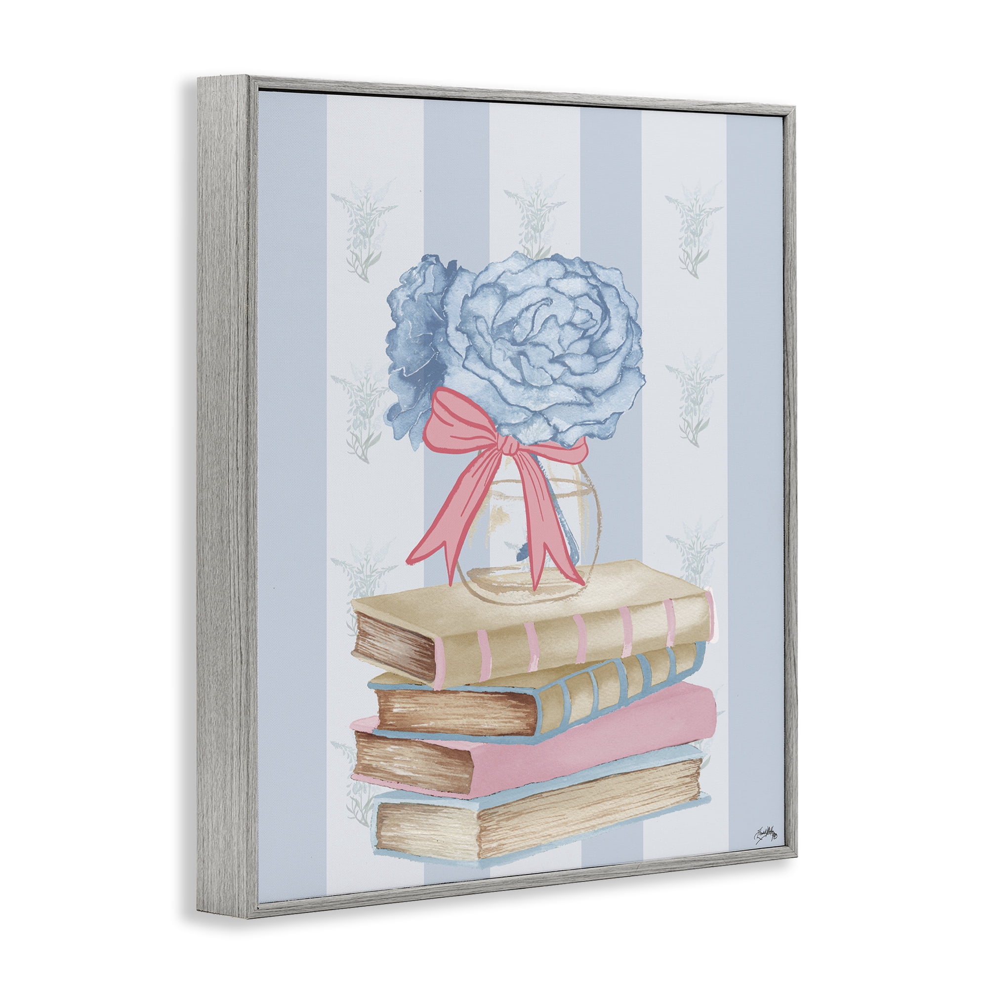 Stupell Industries Stacked Books & Blue Hydrangeas Gray Framed Giclee Art, design by Elizabeth Medley