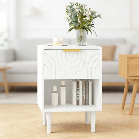 White Kids Bedside Table with Gold Handle Drawer, Solid Wood Leg Nightstand for Boys Girls, Space-Saving End Table for Small Bedroom & Narrow Spaces