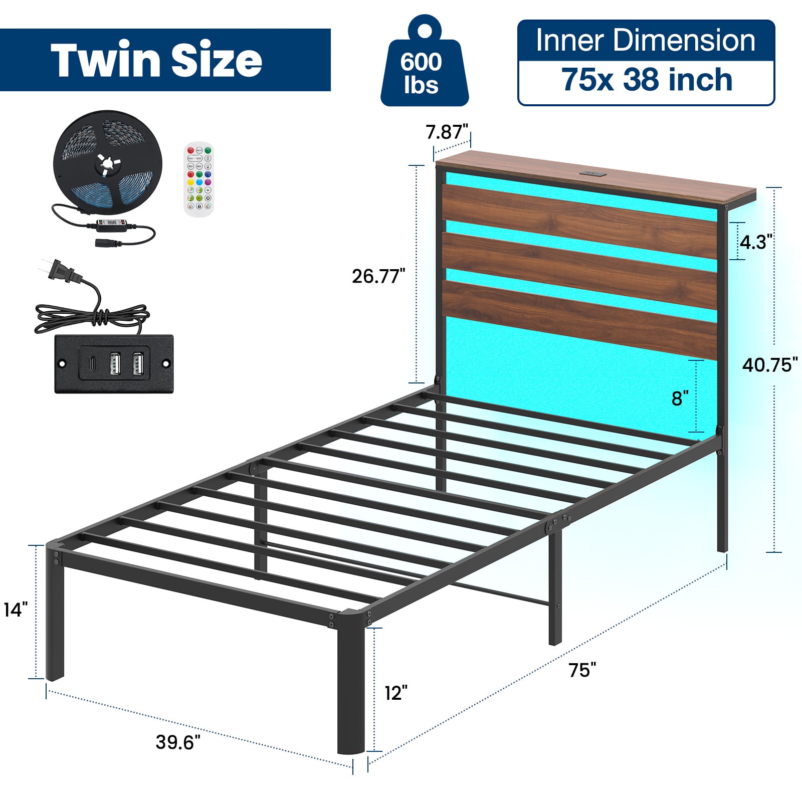 Lusimo 14" Twin Size LED Bed Frame with Storage Headboard and Charging Station Sturdy Metal Platform Bed with Round Footboard & 12'' Large Under Bed Storage