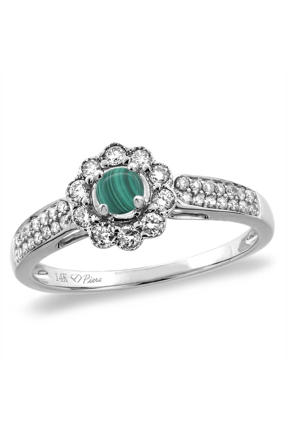 14K White Gold Natural Malachite Engagement Ring Round 4 mm, size 6