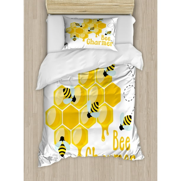 Honey Bee Duvet Cover Set Twin Size, Bee Charmer Lettering Spring Time