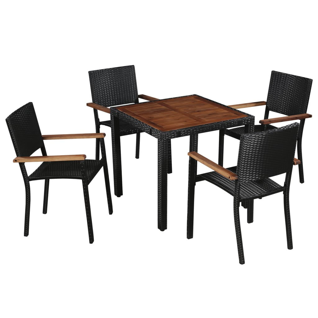 Fyydes 5 Piece Patio Dining Set Poly Rattan and Acacia Wood Black