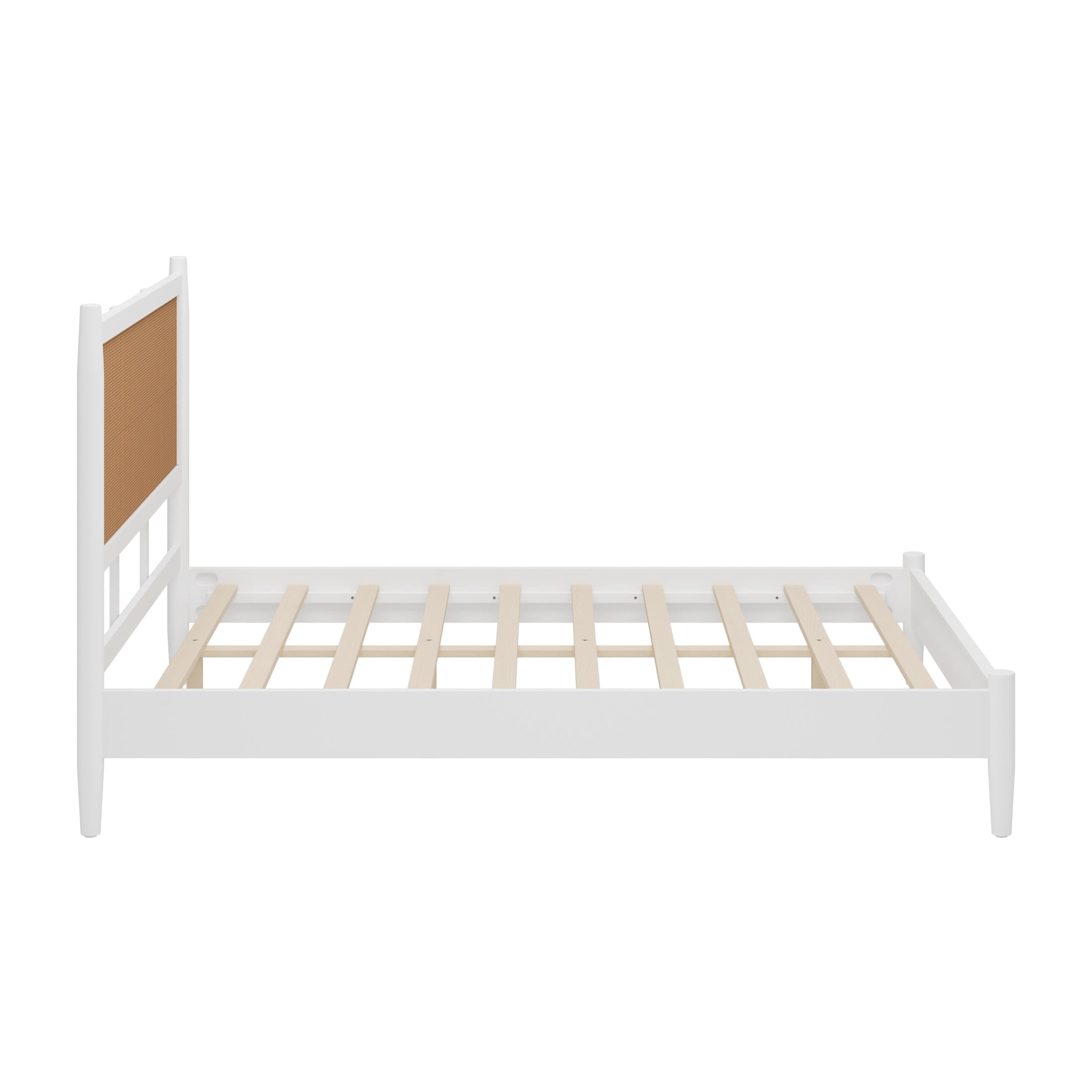 Christopher Knight Home Boho Queen Platform Bed Frame with Rattan Headboard, Wood Slat Support, White