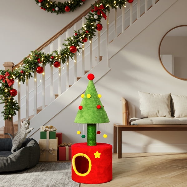 30in Christmas Cat Tree with Cozy Hideaway, Sisal Scratching Post & Hanging Plush Balls, Festive Home Decor for Kittens