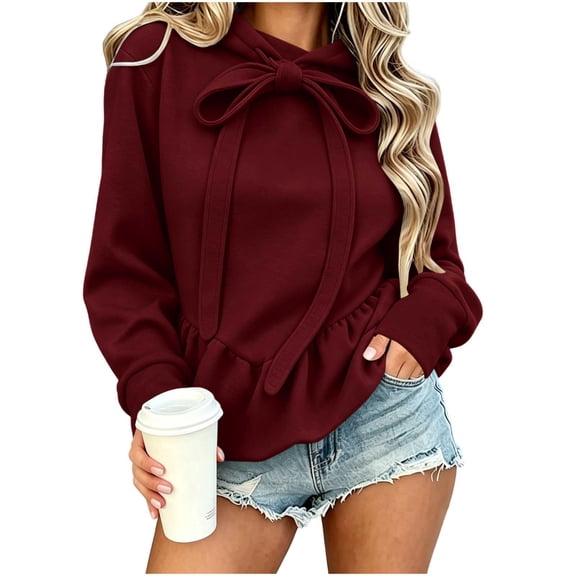 hoksml Women's Big Bow Drawstring Hooded Sweatshirt Ruffle Peplum Hem Long Sleeve Casual Pullover Street