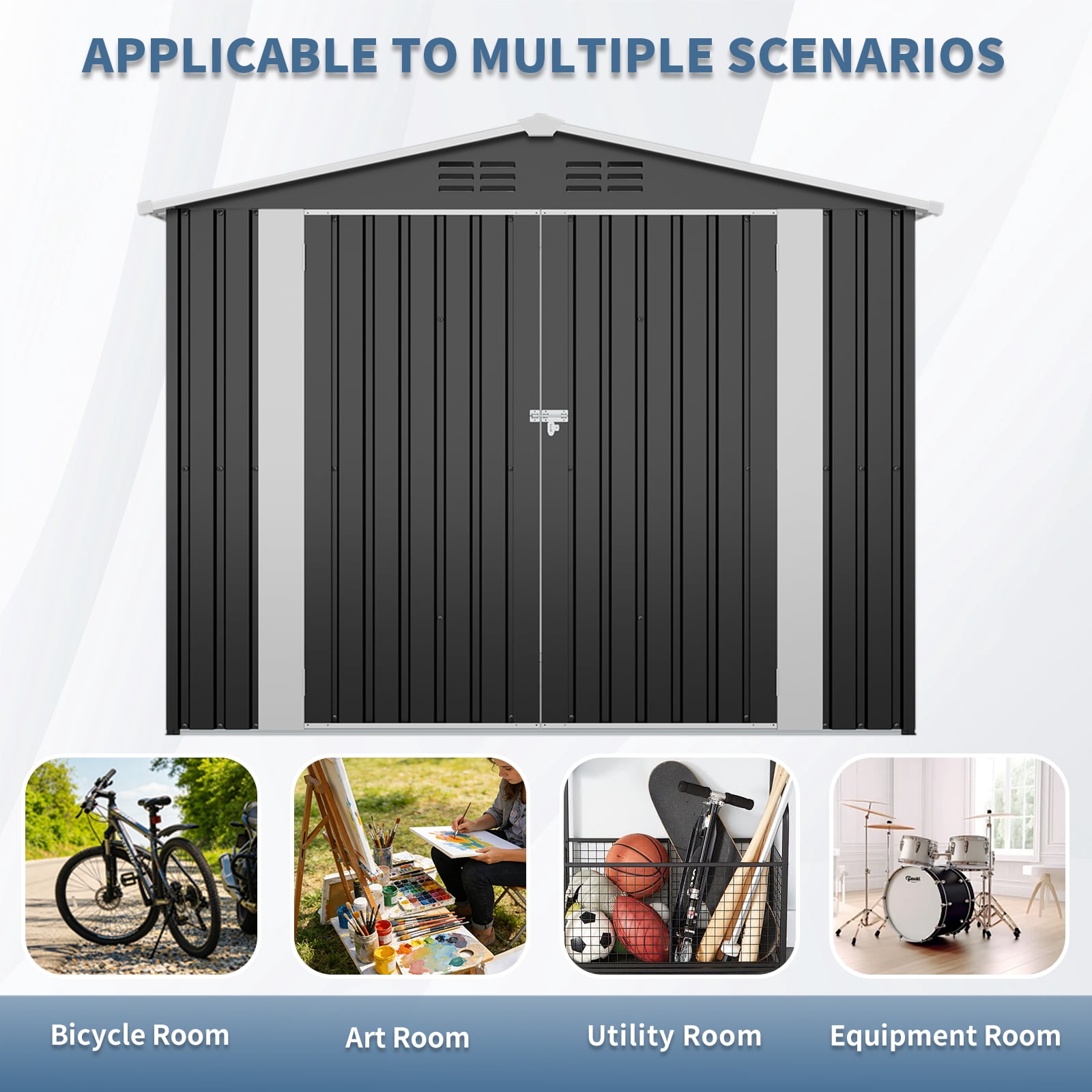 Mintazer 4x8ft Galvanized Steel Outdoor Storage Shed, Metal Garden Tool Storage Building with Vents & 3 Door, Backyard Utility Storage Cabinet for Bikes Patio