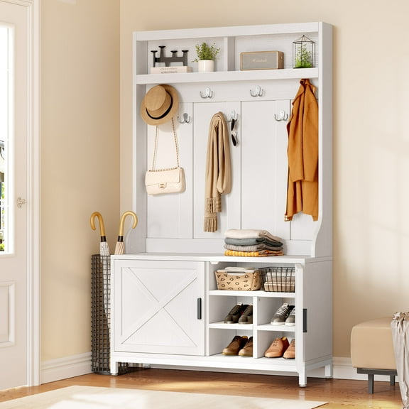 Dextrus Farmhouse Coat Rack with 14 Hooks, 4-in-1 Hall Tree with Storage Bench, Coat Hanger, White