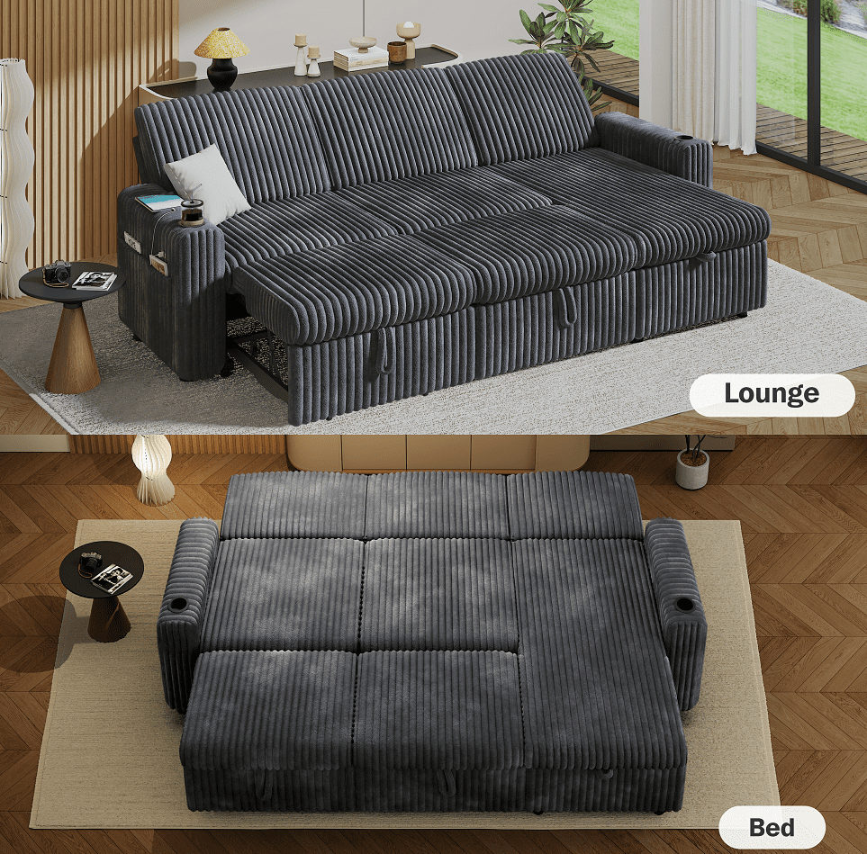 101” Detachable Mattress Sleeper Sofa with Pull-Out Mattress - L-Shaped Design, Adjustable Backrest + Reversible Storage Chaise, USB Ports/Cup Holders, Quick Assembly, Soft Gray Corduroy