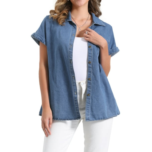 Camisa de mezclilla para mujer INSPIRE CHIC con cuello tipo polo, manga corta y botones, talla XS, color azul