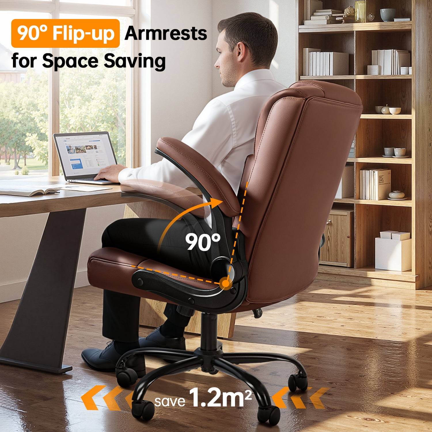 Waleaf Leather Office Chair,Wide Seat Small Computer Desk Chair Ergonomic Mid-Back Executive Chair with Back Support for Short People,Brown