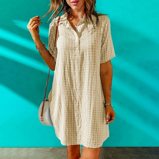 Uaswgudfs Women's Casual Relaxed Fit Short Sleeve Midi Dress - Button-Front  Gingham & Breathable Lightweight Summer Everyday Chic Khaki 2XL - Walmart  Business Supplies