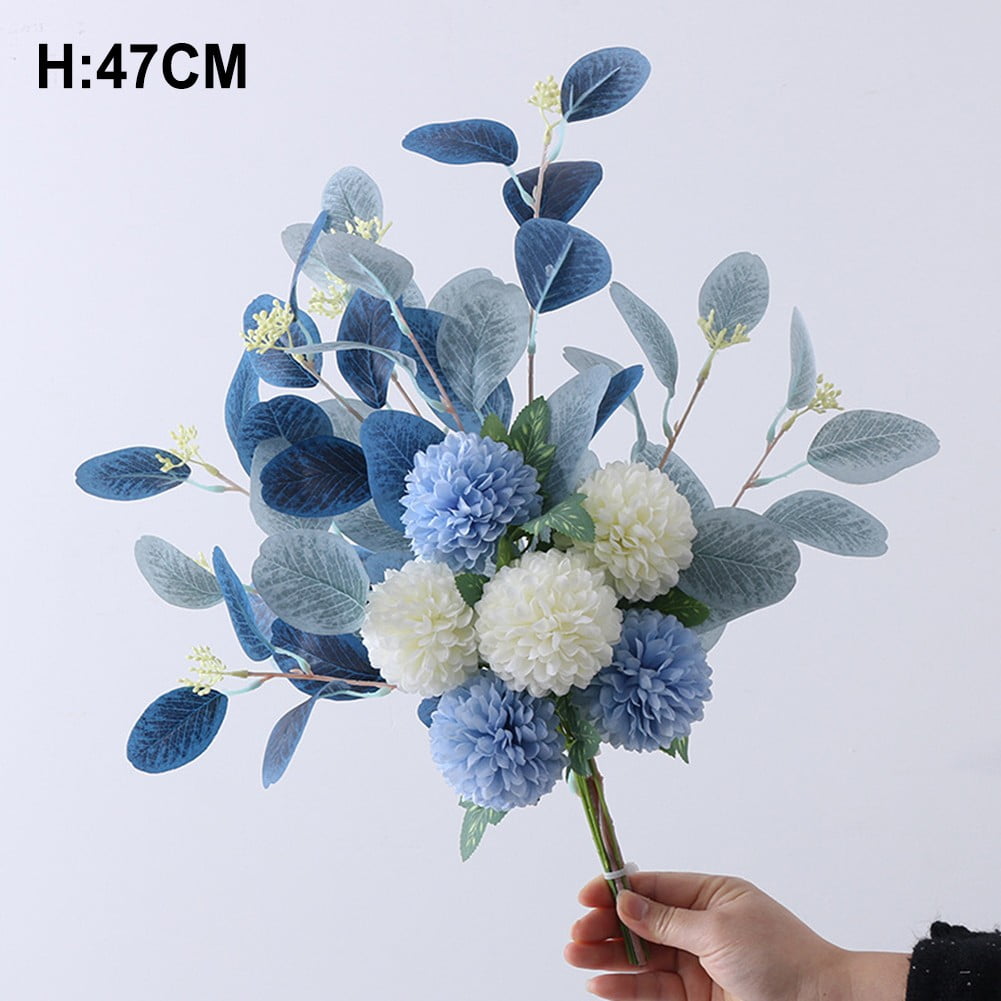 18.5 inch Artificial Hydrangea Eucalyptus Leaves Large Real Touch Flowers Artificial Flowers Dry Flowers Outdoor Wedding Christmas Party Living Room Table Decoration (White+Blue)