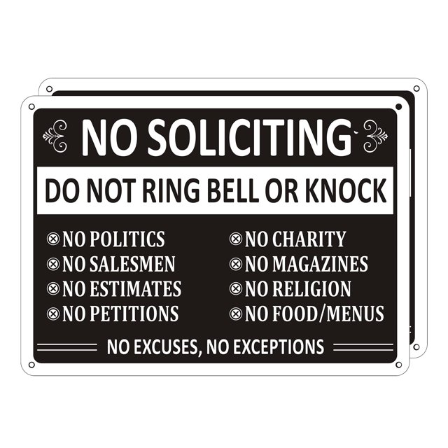 Letrero de no solicitar para casa (paquete de 2) Letrero de metal con campana de no tocar, de aluminio, letreros de no solicitar para el hogar, letrero de no solicitar para puerta, letrero de no vende