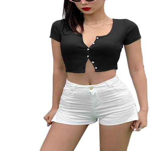 Women Stretchy Knitted Crop Top, Button Tight Rib-Knitted Cropped