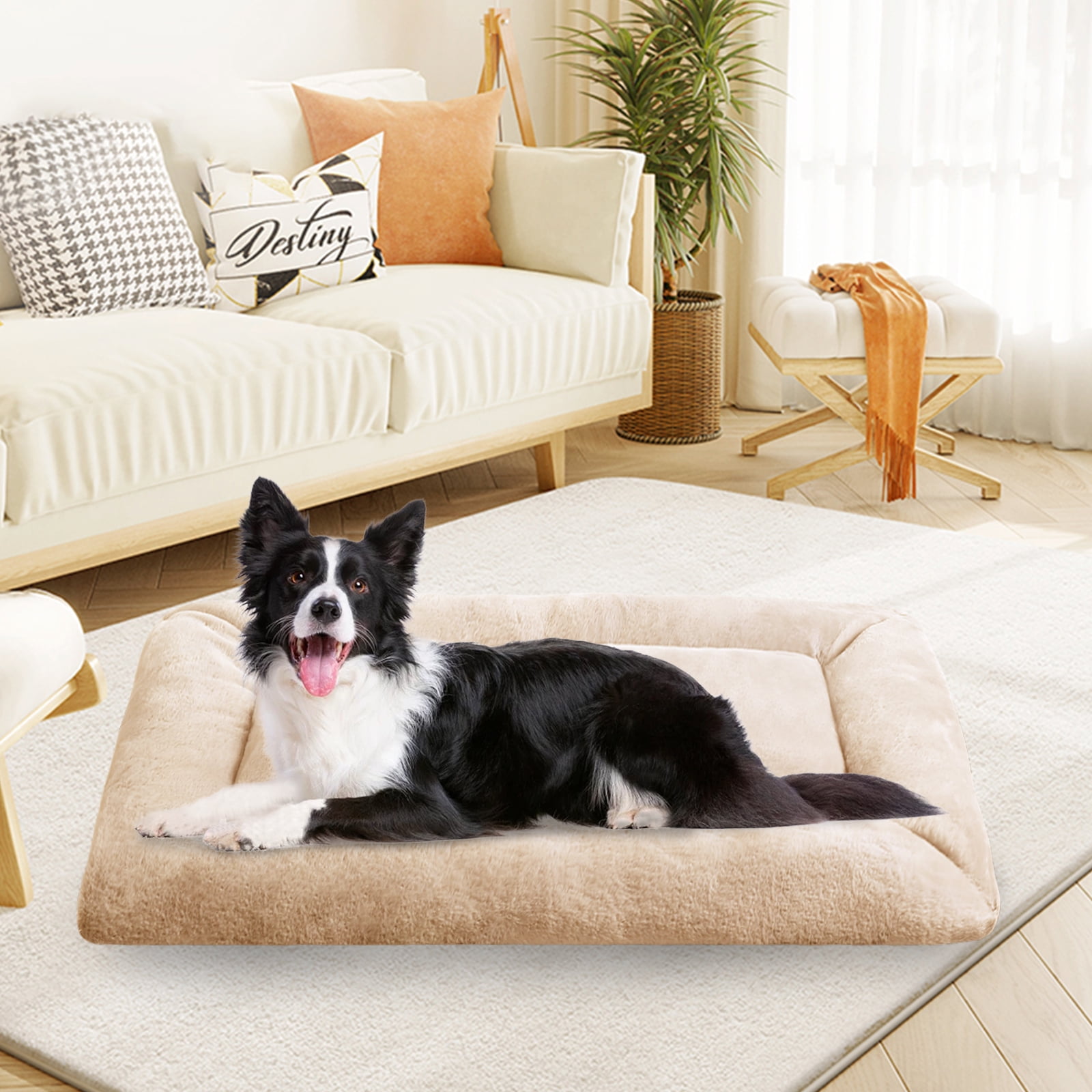 MERITLIFE Plush Washable Dog Bed Ultra Soft Dog Crate Mat Kennel Pad,Anti-Slip Pet Sleeping Bed for Small Medium Large Dogs,Beige 48" x 30"