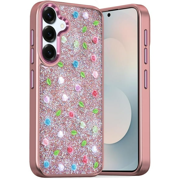 For Samsung s25 FE Stick-On Embedded Glass Diamonds of Colorful Floral Arrangement HQ Hybrid Case - Rose Gold