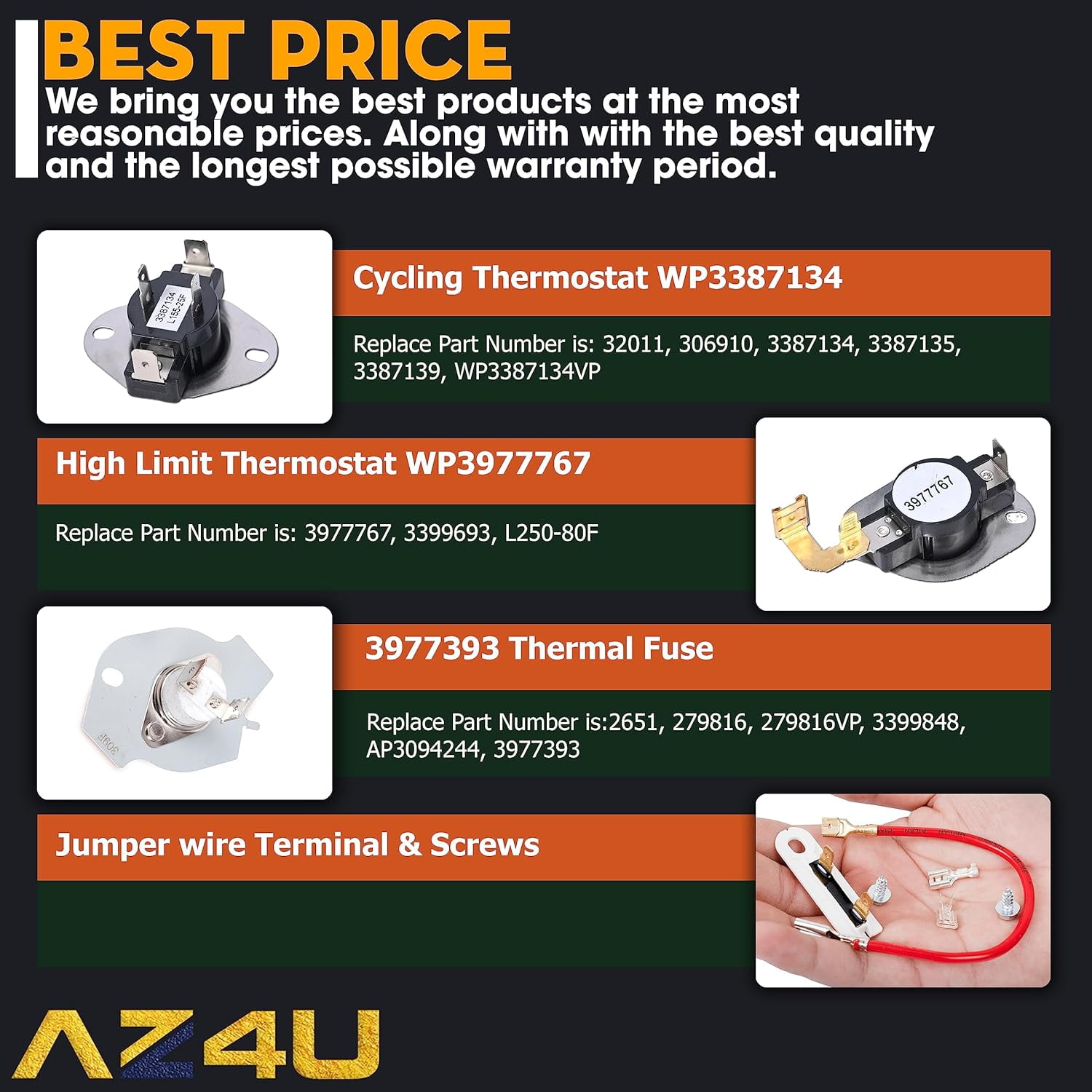 279838 Dryer Heating Element Replace 14210029 4531017 4617547 279837 With 3392519 Thermal Fuse 279816 Thermal Cut-Off Kit 3977767 3387134 Thermostat For Whirlpool, Kenmore, Roper, Amana, Kenmore