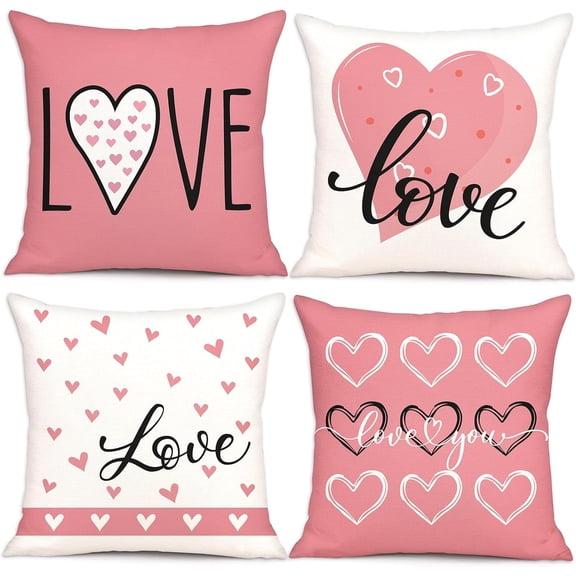 4PCS Pink Valentine’s Day Throw Pillow Case Decorations - Valentine Linen Cushion Cover 18 x 18 Inches Heart Love Gift Decor for Sofa Couch