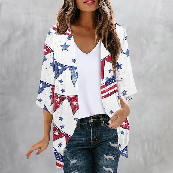 YueHuiYing Women American Flag Kimono 4th of July Cover Up Lightweight Cardigan 4th of July Outfits for Women