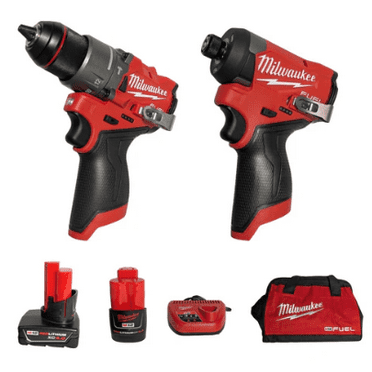 Milwaukee M12 FUEL 12V Lithium-Ion Brushless Cordless 2-Tool Combo Kit – 1/2" Hammer Drill & 1/4" Impact Driver with 2 Batteries, Charger & Bag (Model 3497-22)