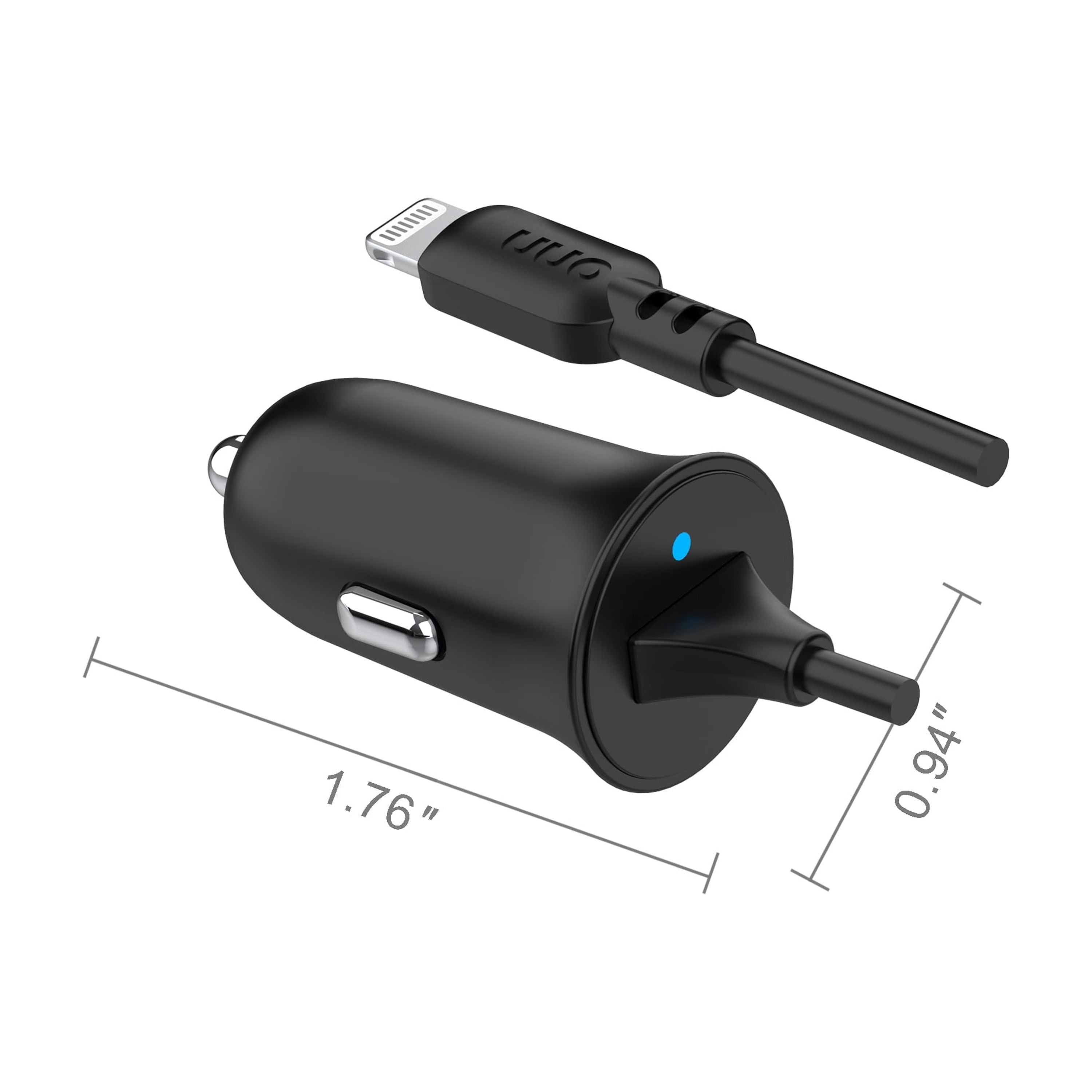 onn. 2.4A Lightning Car Charger, Vehicle Adapter for iPhone, iPad and iPod, Black