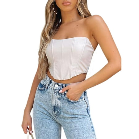 

One opening Women Solid Color Tube Tops Off Shoulder Ribbed PU Leather Corset