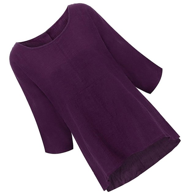 T-Shirt Femme Couleur Unie Décontracté Haut Court Fille Col Rond Manches Blouse en Lin, Violet, P