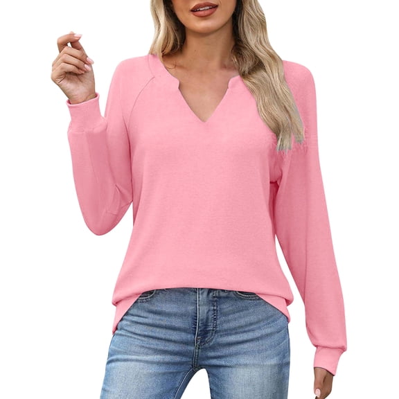 ClodeEU Womens Long Sleeve V Neck Sweatshirts,Fall Winter Basic Casual Lightweight Pullover Shirt Pink,Womens Plus L