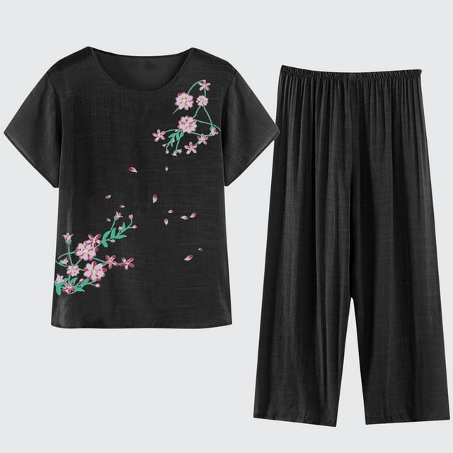 Georges Hauts de Sortie pour Femmes Été, Ensemble Décontracté 2 Pcs Pyjama Haut à Manches Courtes Col Rond Chemise Ensemble Costume Coton Soie Grande Taille Confortable Respirant Cardigan Bouton Poche