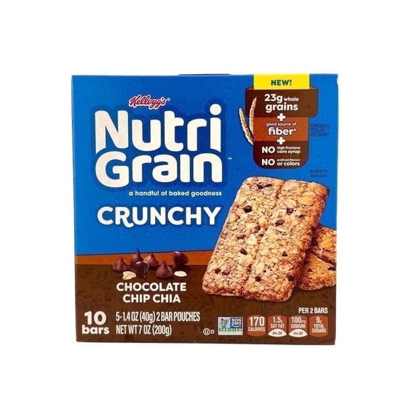 Kellogg's Nutri-Grain Crunchy Chocolate Chip Chia Crunchy Breakfast Bars, 10 Bars, 7 Oz