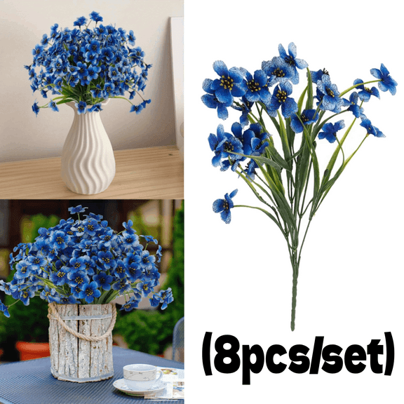 UV Resistant Artificial Outdoor Flowers, 8 Bundles Faux Plastic Flowers for Outside & Indoor Decor, Blue Fake Flower Plants for Garden, Porch & Home Decoration