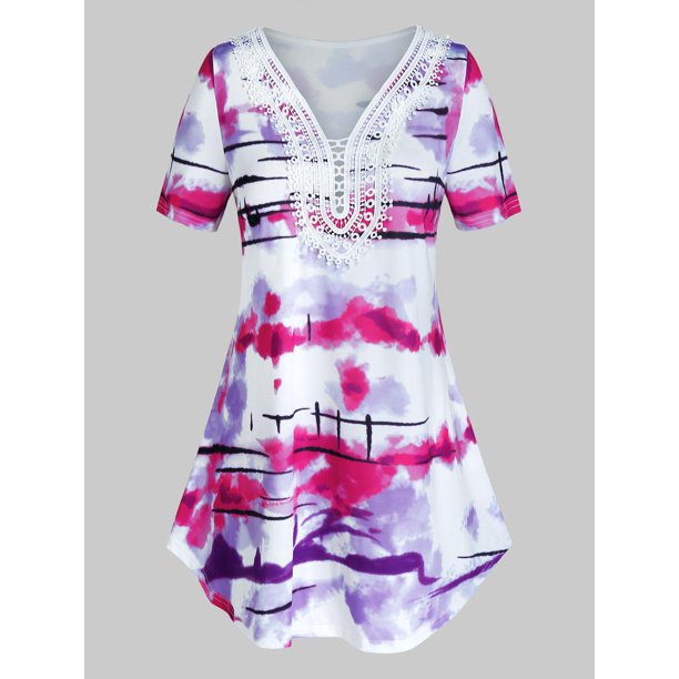 Más el tamaño del tinte del lazo del patrón V de encaje T cuello camisa Rosegal Camisetas tallas grandes