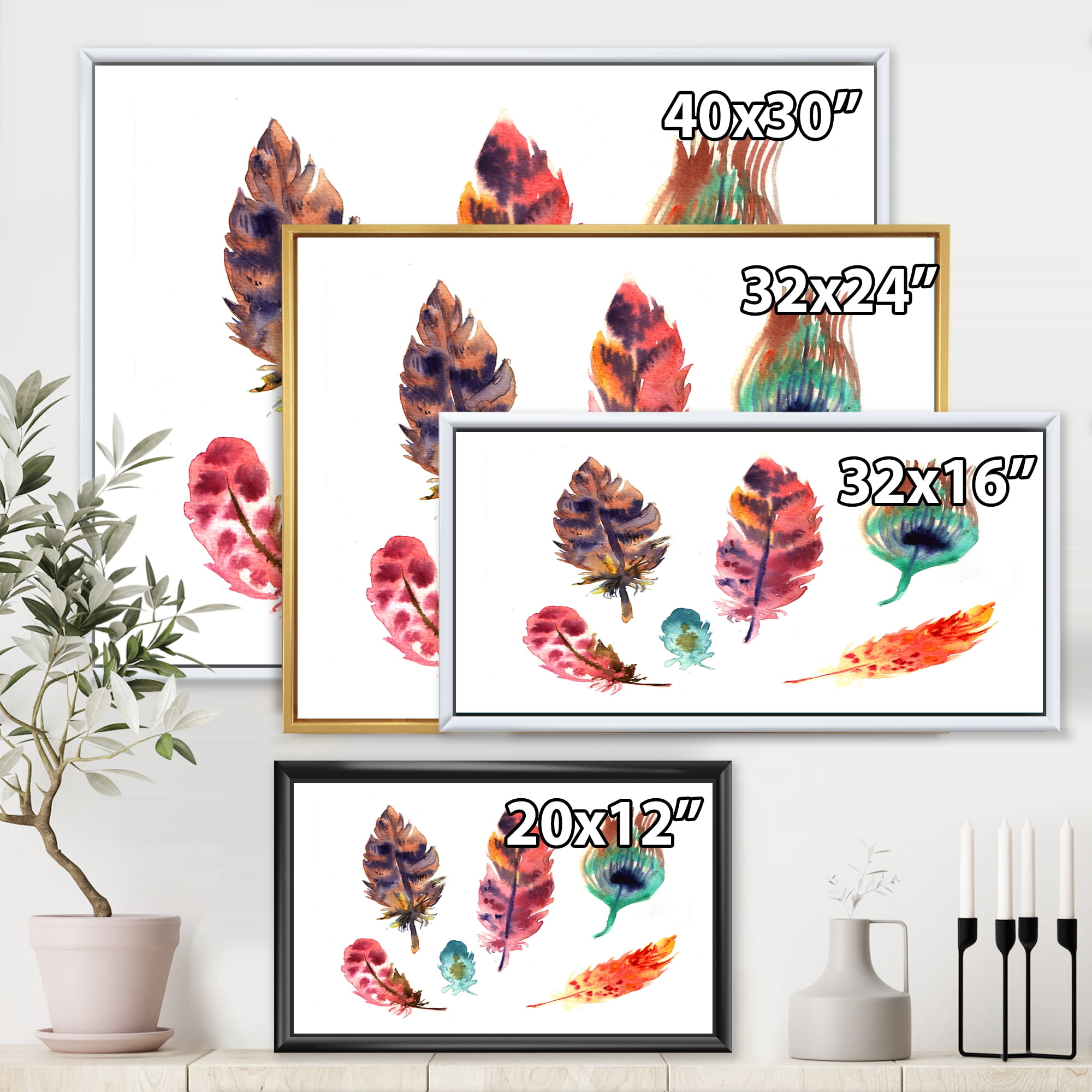 Designart 'Colourful Boho Art Feather Set II' Bohemian & Eclectic Framed Canvas Wall Art Print
